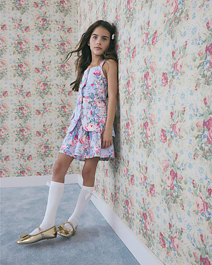 Girls Purple Floral Print Waistcoat Set