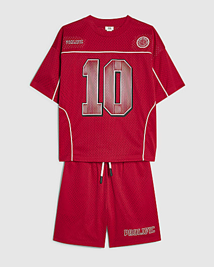 Boys Red Oversized Mesh T-Shirt & Shorts Set