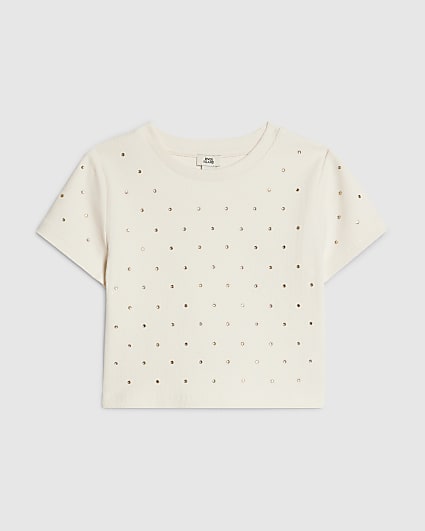 Girls Cream Studded T-Shirt