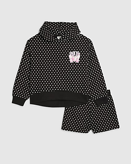 Girls Black Polka Dot Hoodie And Shorts Set