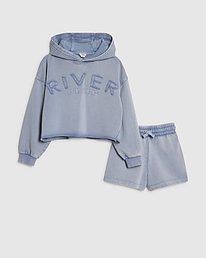 Girls Blue Washed River Hoodie Set