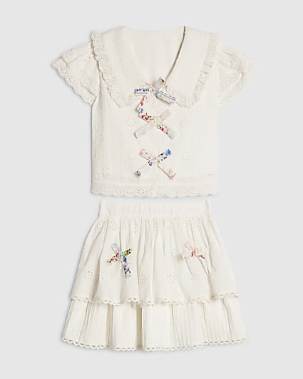 Girls White Collared Top And Rara Skirt