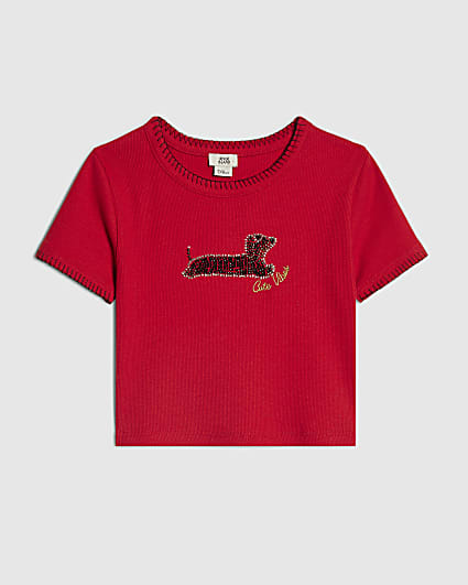 Girls Red Dachshund Beaded T-Shirt