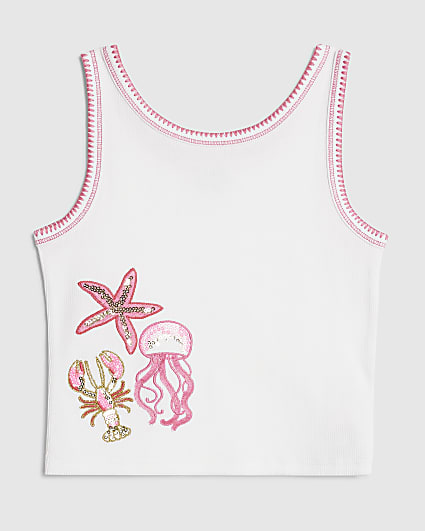 Girls White Sequin Sealife Tank Top