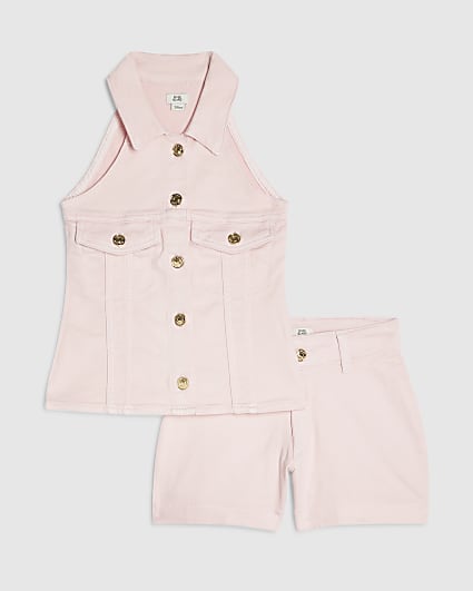 Girls Pink Denim Waistcoat & Shorts Set