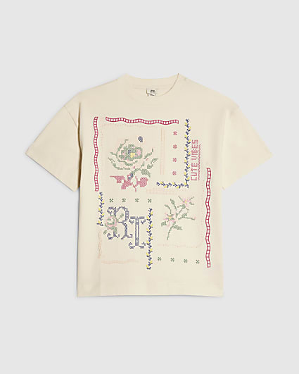 Girls White Cross Stitch Floral T-Shirt