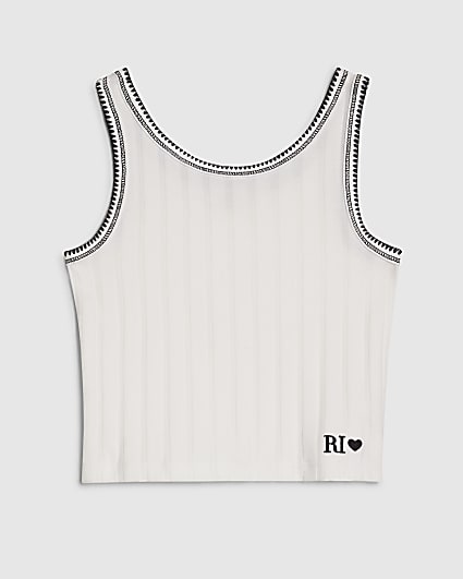 Girls White Ribbed Contrast Tank Top