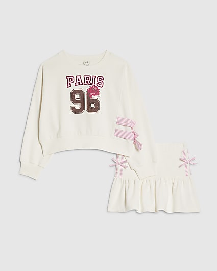 Girls White Paris 96 Sweat Skirt Set