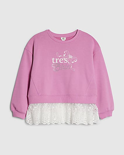 Girls Pink Tres Chic Lace Hem Sweatshirt