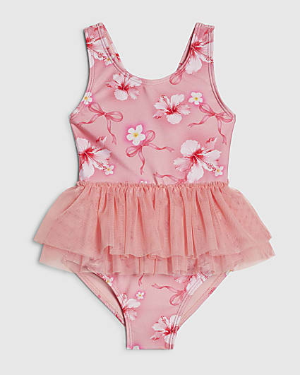 Mini Girls Pink Hibiscus Bow Tutu Swimsuit