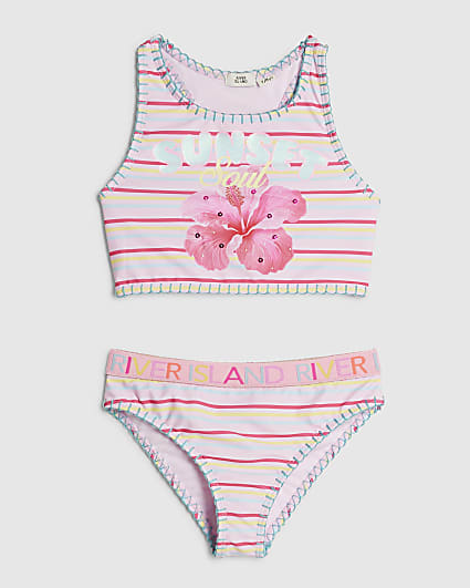 Girls Pink Sunset Printed Stripe Bikini Set