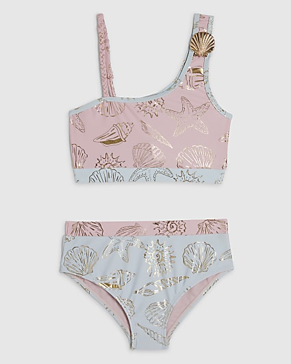 Girls Pink Foil Shell Asymmetric Bikini Set