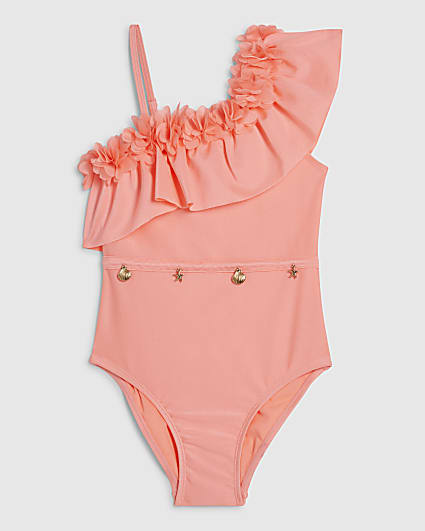 Girls Orange Asymmetric 3D Flower Swimsuit