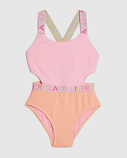 Girls Pink Colour Block Cut Out Swimsuit