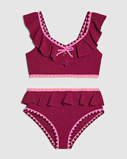 Girls Red Frill Whipstitch Bikini Set