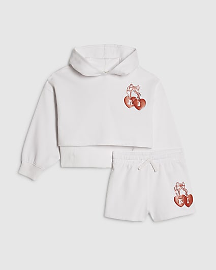 Girls White Cherry Hoodie And Shorts Set