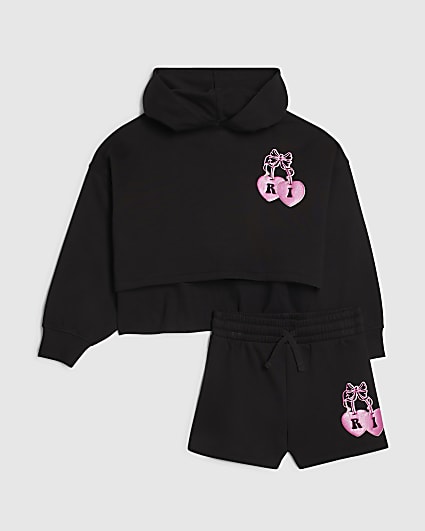 Girls Black Cherry Hoodie And Shorts Set
