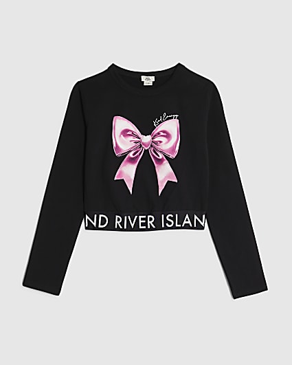 Girls Black Shiny Bow Top