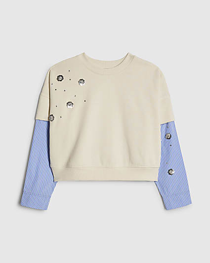Girls Cream Hybrid Poplin Sequin Sweatshirt