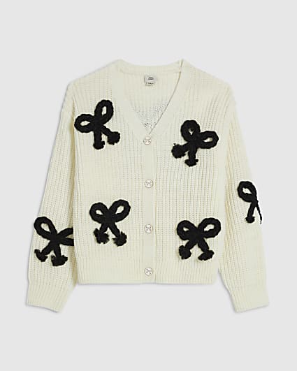 Girls Cream Monochrome 3D Bow Cardigan