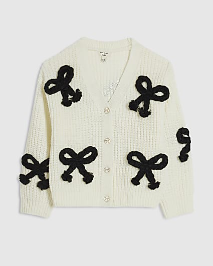 Mini Girls Cream Monochrome 3D Bow Cardigan