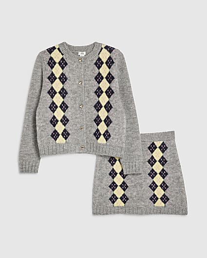 Girls Grey Argyle Cardigan And Skirt Set