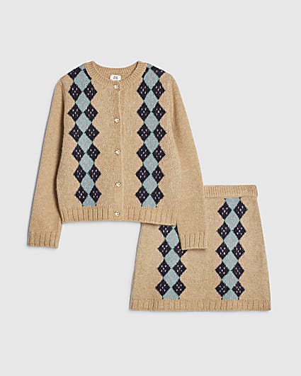 Girls Beige Argyle Cardigan And Skirt Set