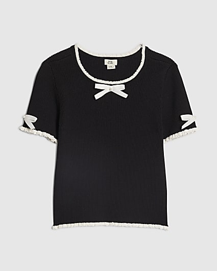 Girls Black Bow Ruffle Trim Knitted T-Shirt