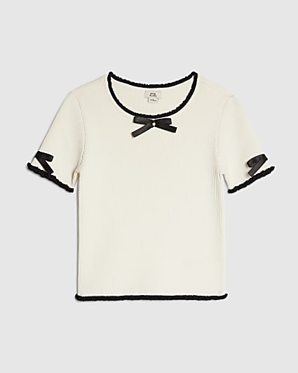 Girls Cream Bow Ruffle Trim Knitted T-Shirt