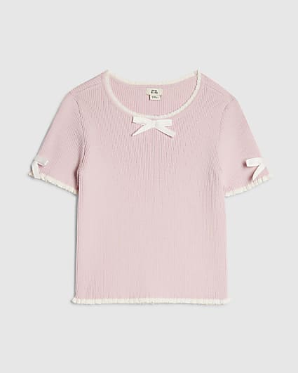 Girls Pink Bow Ruffle Trim Knitted T-Shirt