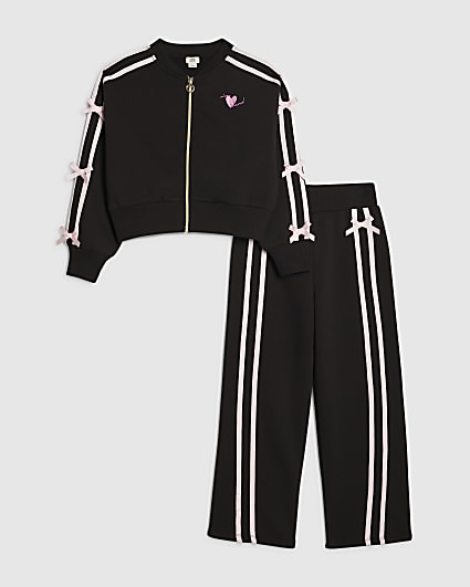 Girls Black Bow Taping Tracksuit Set