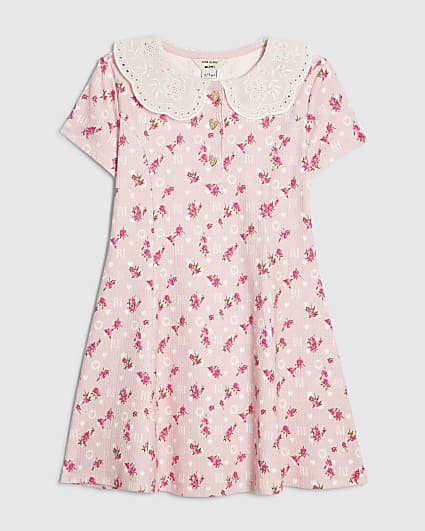 Mini Girls Pink Floral Collar Dress