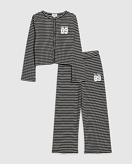 Girls Black Striped Cardigan Set