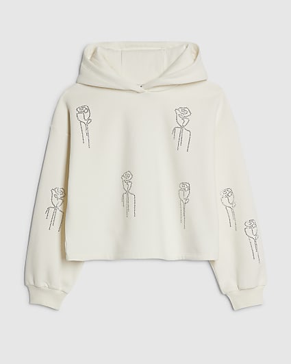Girls Cream Embellished Hoodie
