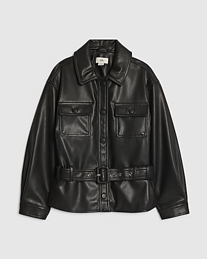 Girls Black Faux Leather Belted Jacket