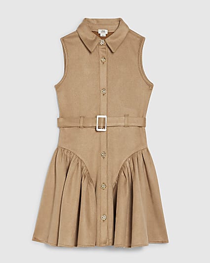 Girls Tan Faux Suede Sleeveless Prom Dress