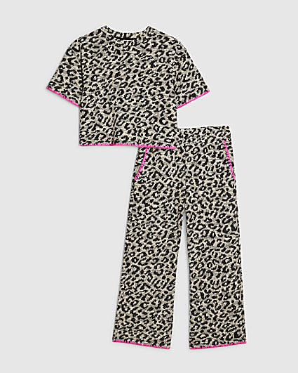 Girls Beige Leopard Whipstitch T-Shirt Set