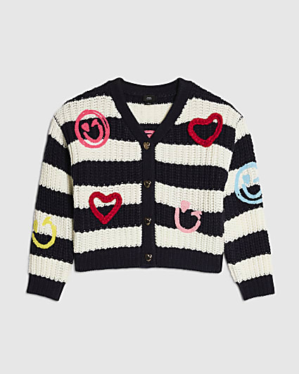 Girls Navy Stripe Smile Cardigan