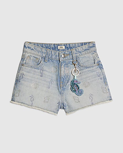 Girls Blue Seahorse Embellished Denim Shorts