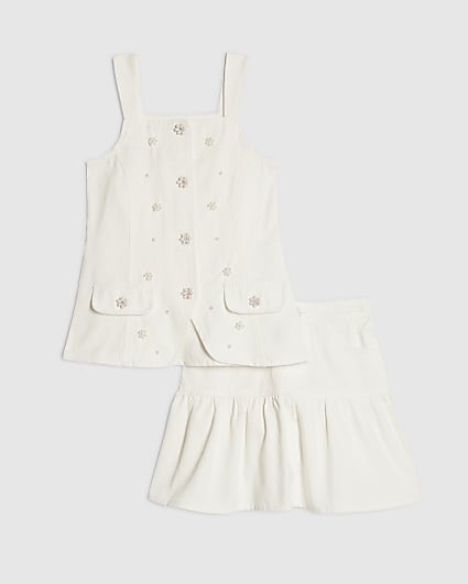 Girls White Pearl Waistcoat And Skirt Set