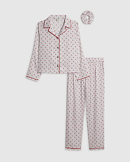 Girls Cream Cherry Satin Pyjamas Set