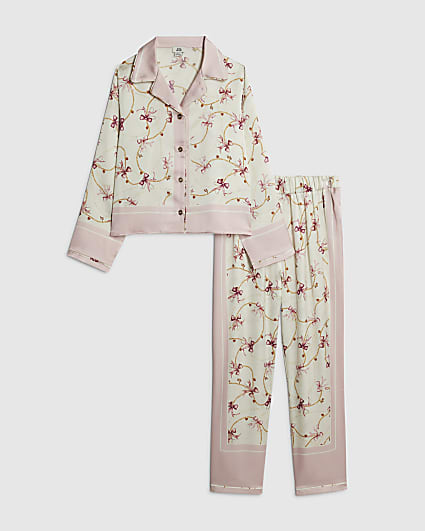 Girls Cream Bow Chain Satin Pyjamas Set