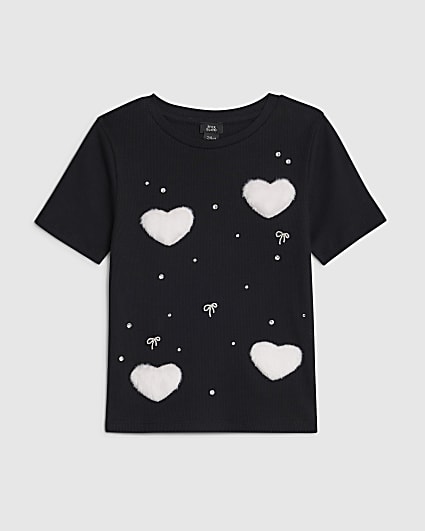 Girls Black Ribbed Faux Fur Heart T-Shirt