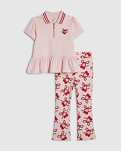 Mini Girls Pink Cherry Bow Leggings Set