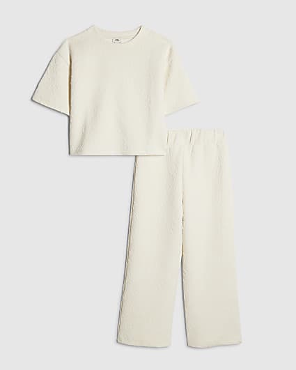 Girls Beige Floral Texture Top Set