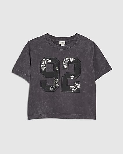 Girls Grey Floral Sequin 92 T-Shirt