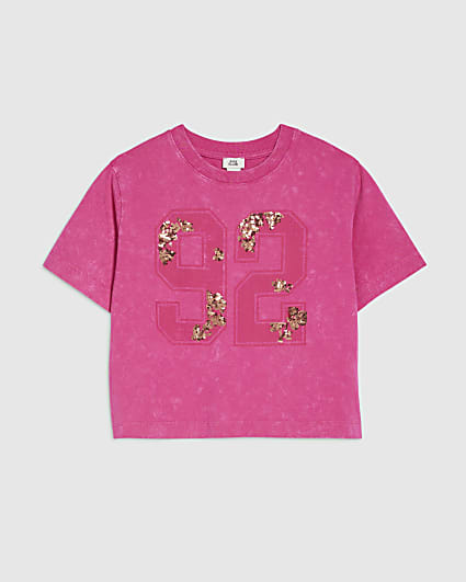 Girls Pink Floral Sequin 92 T-Shirt