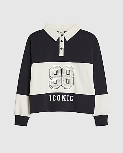 Girls Black Stripe Diamante 98 Polo Shirt