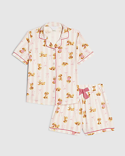 Girls Pink Puppy Button Through Pyjamas