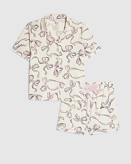 Girls Cream Bow Print Short Sleeve Pyjamas